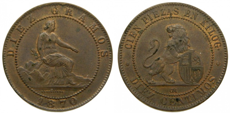 Gobierno Provisional (1868-1871). 1870. OM. 10 céntimos. (Cal. 24). Canto liso. ...