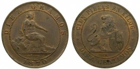 Gobierno Provisional (1868-1871). 1870. OM. 10 céntimos. (Cal. 24). Canto liso.  Grado: SC-/EBC+