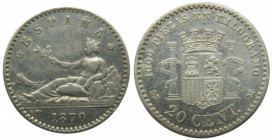 Gobierno Provisional (1868-1871). 1870. (*7-0). SNM. 20 centimos. (Cal. 22). Leyenda ESPAÑA. Grado: MBC+