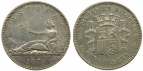 Primera República (1873-1874). 1870. (*18-73). DEM. 1 peseta. (Cal. 17). Leyenda ESPAÑA. Grado: MBC+