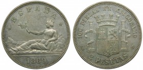 Gobierno Provisional (1868-1871). 1869. (*18-69). SNM. 2 pesetas. (Cal. 5). Leyenda ESPAÑA.  Grado: MBC+
