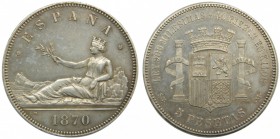 Gobierno provisional (1868-1871). 1870. (*18-70). SNM. 5 pesetas. (Cal. 3). Leyenda ESPAÑA.  Grado: EBC-