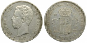 Amadeo I (1871-1873). 1871 (*18-73). DEM. 5 pesetas. (Cal. 9). Escaso. Rayitas. Grado: MBC+
