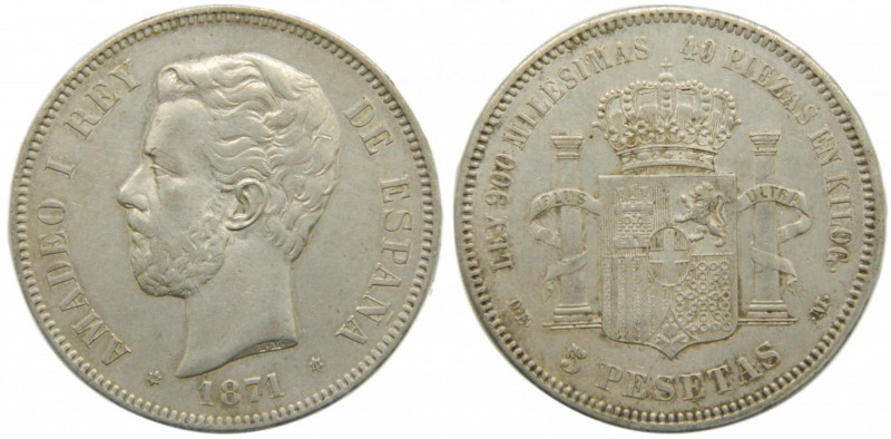 Amadeo I (1871-1873). 1871 (*18-74). DEM. 5 pesetas. (Cal.10). Grado: MBC