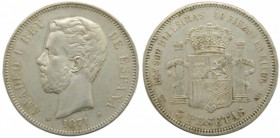 Amadeo I (1871-1873). 1871 (*18-74). DEM. 5 pesetas. (Cal.10). Grado: MBC