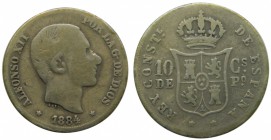 Alfonso XII (1874-1885). 1884. 10 centavos de peso. Manila. (Cal. 97). Ag 2,49 gr. RARA.  golpecitos. Grado: BC