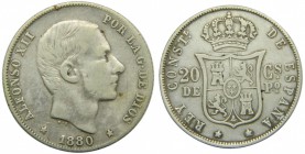 Alfonso XII (1874-1885). 1880. 20 centavos de peso. Manila. (Cal. 87).   Grado: MBC