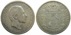 Alfonso XII (1874-1885). 1880. 50 centavos de peso. Manila. (Cal. 78). Limpiada. Golpecito en el anverso.    Grado: MBC-