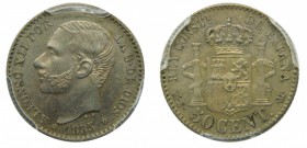 Alfonso XII (1874-1885). 1885/1. (*8-6). MSM. 50 céntimos. Madrid. (Cal. 65). Ag 2,5 gr. PCGS. Fue acuñada bajo el reinado de Alfonso XIII. Canto estr...