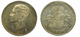 Alfonso XII (1874-1885). 1876. (*18-76). DEM. 1 peseta. Madrid. (Cal. 54). PCGS. Muy rara en esta conservación. Grado: MS 62