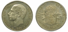 Alfonso XII (1874-1885). 1885. (*18-86). MSM. 1 peseta. Madrid. (Cal. 62). PCGS. Acuñada bajo Alfonso XIII. Espectacular. Muy rara en esta conservació...