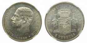 Alfonso XII (1874-1885). 1885. (*18-87). MSM. 5 pesetas. (Cal. 42). NGC. UNC Details. Brillo original. Grado: SC-