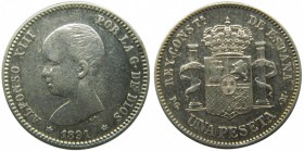 Alfonso XIII (1886-1931). 1891. (*--91). PGM. 1 peseta. (Cal. 38). Ag 4,98 gr.  Grado: MBC-