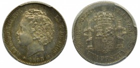 Alfonso XIII (1886-1931). 1893. (*18-93). PGL. 1 peseta. Madrid. (Cal. 39). PCGS. Bonita pátina. Grado: MS 64