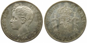 Alfonso XIII (1886-1931). 1900. (*19-00). SMV. 1 peseta. (Cal. 44). Ag 5 gr. Grado: SC-