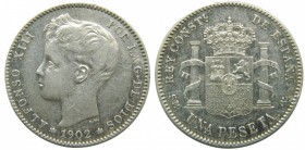Alfonso XIII (1886-1931). 1902. (*19-02). SMV. 1 peseta. (Cal. 48). Ag 4,96 gr. Grado: MBC+