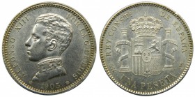 Alfonso XIII (1886-1931). 1903. (*19-03). SMV. 1 peseta. (Cal. 49). Ag 5 gr. Leve golpecito en reverso. Grado: EBC-