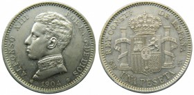 Alfonso XIII (1886-1931). 1904. (*19-04). SMV. 1 peseta. (Cal. 50). Ag 5 gr. Grado: EBC-