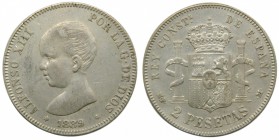 Alfonso XIII (1886-1931). 1889. (*--89). MPM. 2 pesetas. (Cal. 29). Ag 9,88 gr. Grado: MBC
