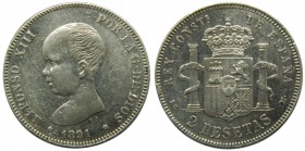 Alfonso XIII (1886-1891). 1891. (*18-91). PGM. 2 pesetas. (Cal. 31). Ag 10 gr. Grado: MBC