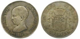 Alfonso XIII (1886-1891). 1888. (*18-88). MPM. 5 pesetas. Madrid. (Cal. 13). PCGS. Pátina. Grado: MS 63+