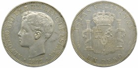 Alfonso XIII (1886-1931). 1897. SGV. 1 peso. Filipinas. (Cal. 81). Ag 24,92 gr. Grado: MBC+