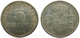 Alfonso XIII (1886-1931). 1896. PGV. 5 centavos. Puerto Rico. (Cal. 86). Ag 1,27 gr. Grado: MBC
