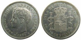 Alfonso XIII (1886-1931). 1896. PGV. 10 centavos. Puerto Rico. (Cal. 85). Ag 2,48 gr. Grado: MBC