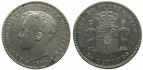 Alfonso XIII (1886-1931). 1895. PGV. 20 centavos. Puerto Rico. (Cal. 84). Ag 5,01 gr. Grado: MBC