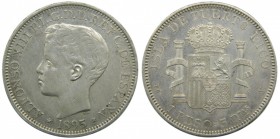 Alfonso XIII (1886-1931). 1895. PGV. 1 peso. 5 pesetas. Isla de Puerto Rico. (Cal. 82). Ag 24,98 gr. Muy bonito. Grado: MBC+