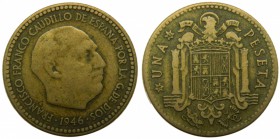 Francisco Franco (1939-1975). 1946. (*19-48). 1 peseta. (Cal. 75). (VS. 306). Busto de Benlliure. Muy RARA.  Grado: BC