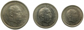 Francisco Franco (1939-1975). 1957. Serie Campleta BA. 5, 25 y 50 pesetas. (Cal. 139). Con sobre. Exposición iberoamericana de numismática y medallist...