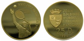 Andorra. 25 diners. 1994. KM#96. Au 7,77 gr. 583 mls. Joan D.M.Bisbe d´Urgell i Princep d´Andorra. XXVI Jocs Olimpisc 1996. Tenis. Tirada 5000 unidade...