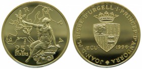 Andorra. 25 diners. 1996. KM#123. Au 7,77 gr. 583 mls. Joan D.M.Bisbe d´Urgell i Princep d´Andorra. Europa. Arms and "ECU". Tirada 5000 unidades.   Gr...