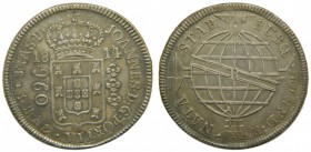 Brasil. 960 reis. 1814. KM#307.1. Ag 26,68 gr. Juan príncipe regente. Acuñado sobre 8 reales de Fernando VII. Fecha visible (1813).  Grado: MBC+