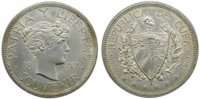Cuba. 1 peso. 1897. KM-M2. Ag 22,57 gr. Tirada de 4286 piezas. SOUVENIR.  Grado: MBC+