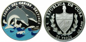 Cuba. 50 pesos. 1994. KM#503. Ag 155,52 gr. 999 mls. Fauna del Caribe. Delfines. Color. Tirada 2500 unidades.  Grado: SC