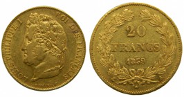 Francia. 20 francs. 1839. A. París. KM#750.1. Au 6,43 gr. Louis Philippe I. 20 francos. Grado: MBC