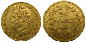 Francia. 20 francs. 1840. A. París. KM#750.1. Au6,45 gr. Louis Philippe I. 20 francos. Grado: MBC