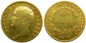 Francia. (1804-1805). 40 francs. AN 13. A. París. KM#664,1 gr. Au 12,86 gr. Napoleón. 40 francos.  Grado: MBC+