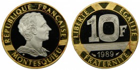 Francia. 10 francs. 1989. KM#969a. (gadoury.828). Peso 12 gr. Au 920 mls. Bimetálica. Gold/Palladium. Montesquieu. 300 th Anniversary. 10 francos. Pro...