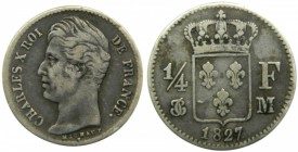 Francia. 1/4 franc. 1827. M. Toulouse. KM#722.9. Ag. Charles X. Grado: BC+