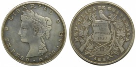 Guatemala. 1 peso. 1882. KM#208. Ag 24,91 gr. Grado: MBC