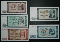 Alemania. República Democrática Alemana. Serie 5 billetes. 5, 10, 20, 50 y 100 Mark. 1964. (Pick 22 a, 23 a, 24 a, 25 r y 26 r).   Grado: SC