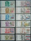 Argentina. Serie 12 billetes. 1, 5, 10, 50, 100, 500, 1000, 5000, 10.000, 50.000, 100.000 y 500.000 australes. ND (1985-1991). Todos los billetes con ...