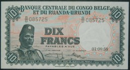 Congo Belga y Ruanda-Urundi. 10 francs. 1.8.1958. (Pick 30 b). 10 francos. Leve doblez central.  Grado: EBC+