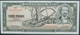 Cuba. 10 pesos. 1956. (Pick 88 a). Número bajo. RARO.  Grado: SC