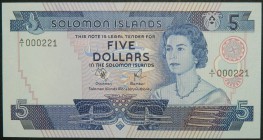 Islas Salomón. 5 dollars. ND (1977). (Pick 6 a). 5 dólares. Número de serie bajo.  Grado: SC-