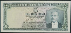Turquía. 5 lira. L. 1930 (4.1.1965). (Pick 174 a). Doblez.  Grado: EBC+/SC-
