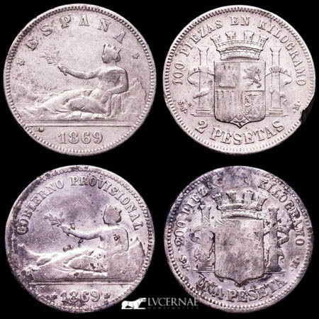 Spain - Couple of silver coins minted in Madrid, 1869 (1 and 2 Pesetas)

- Provi...